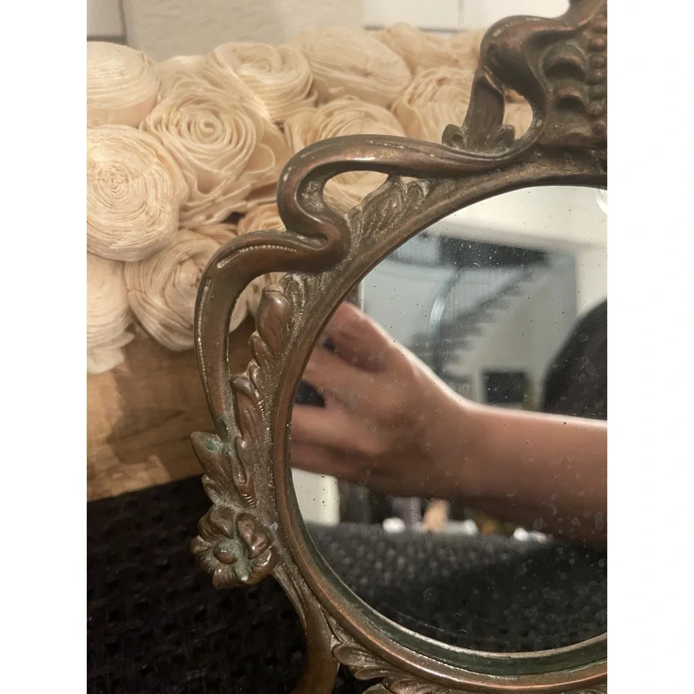 Antique Art‎ Nouveau Mirror Decorative Arts Cast Iron Gold Dresser Countertop